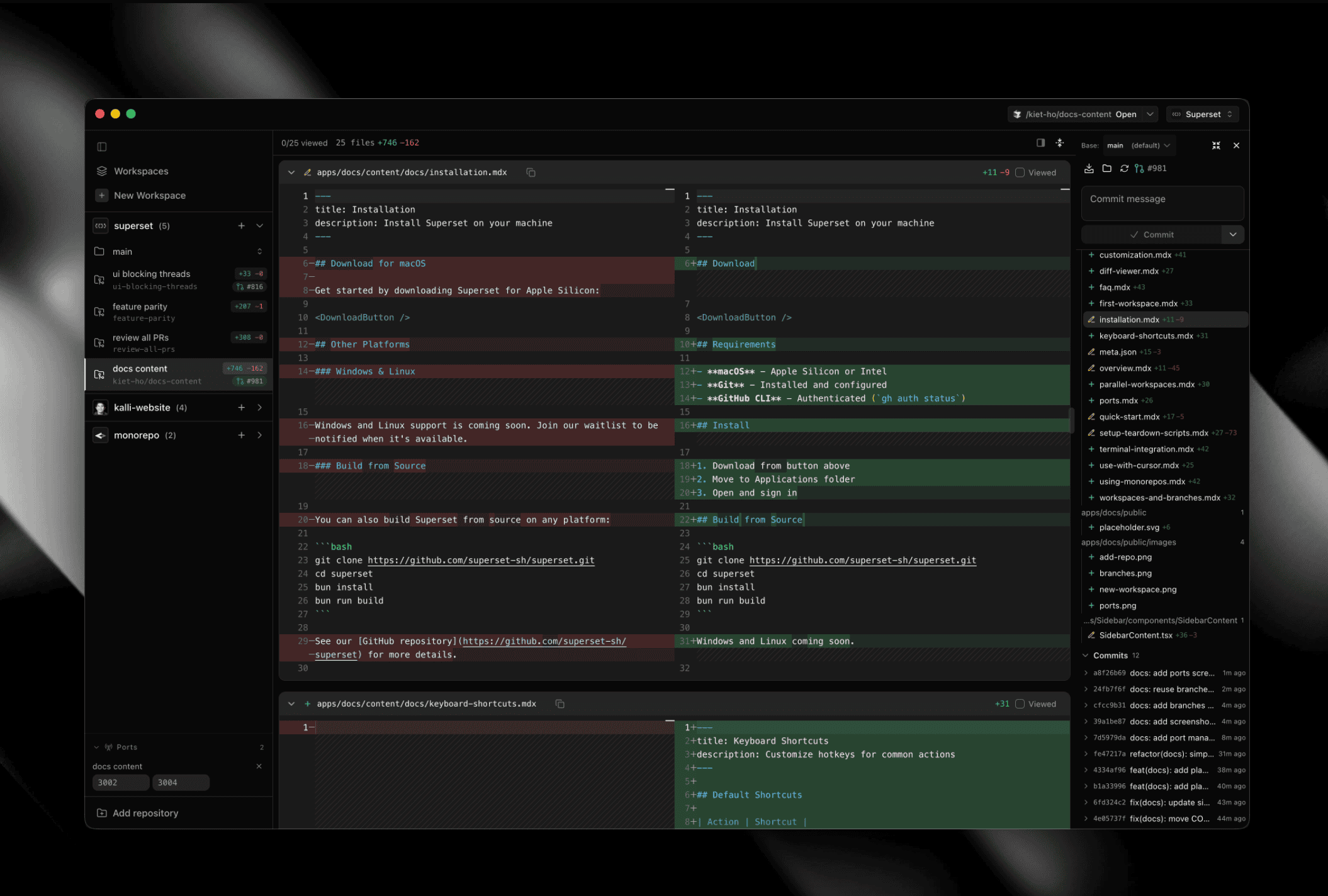 Expanded changes view, organization settings, and diff improvements