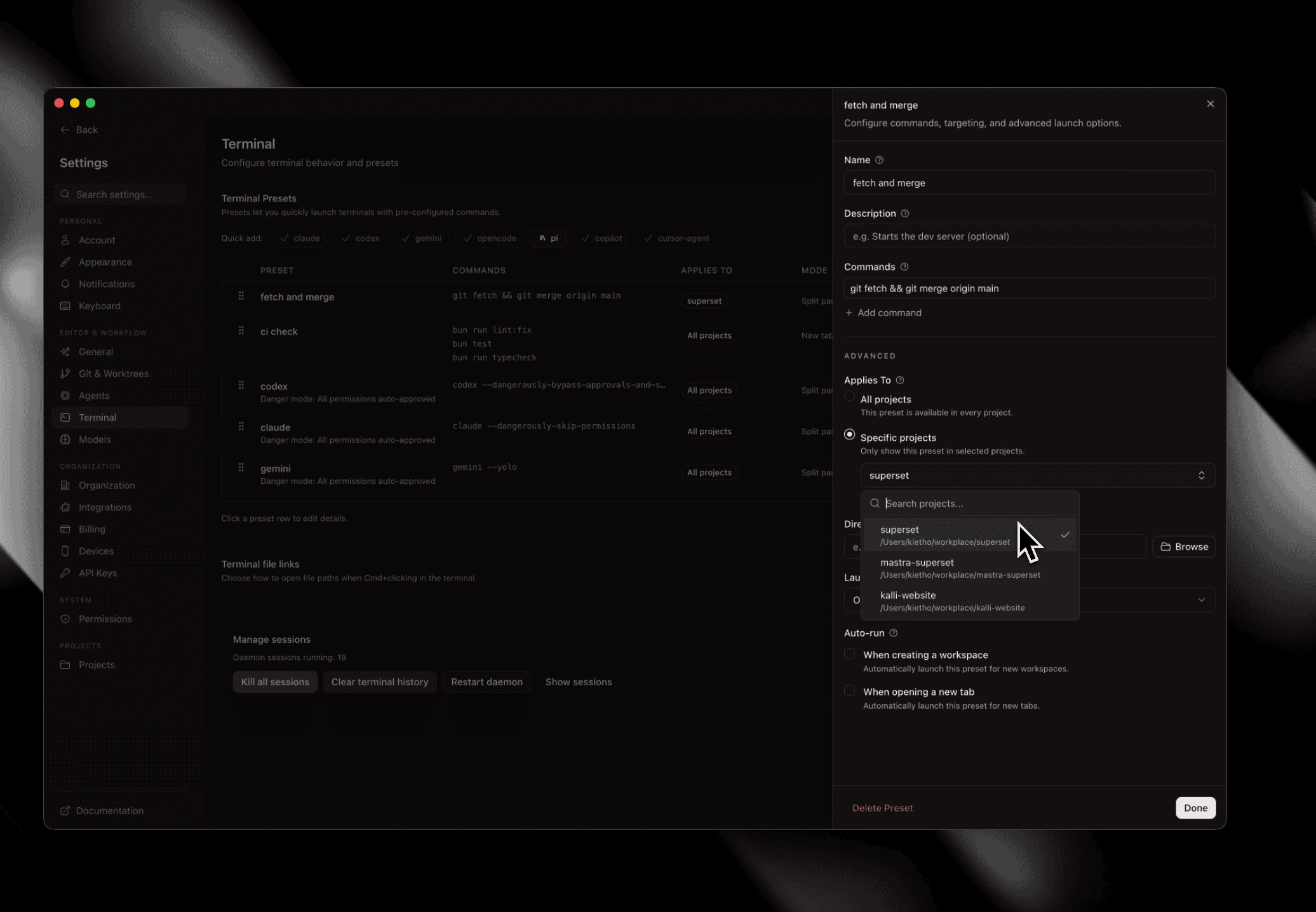 Project-level presets