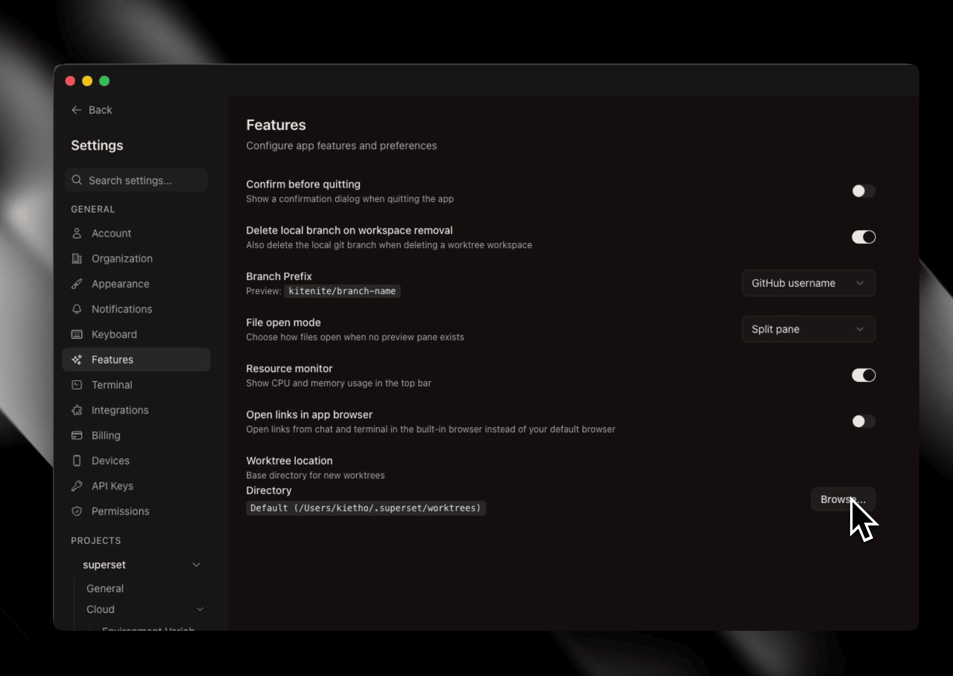 Custom worktree location settings