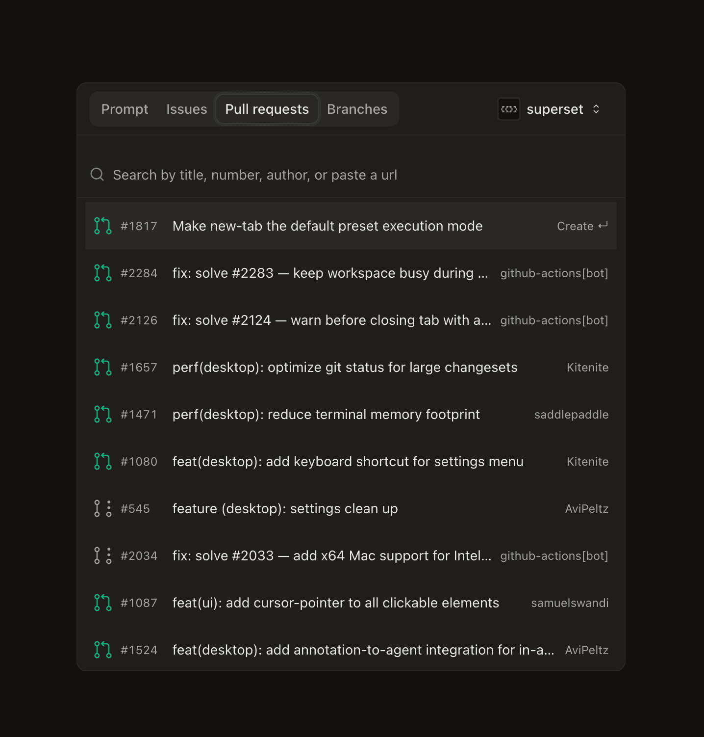 New workspace modal pull requests tab